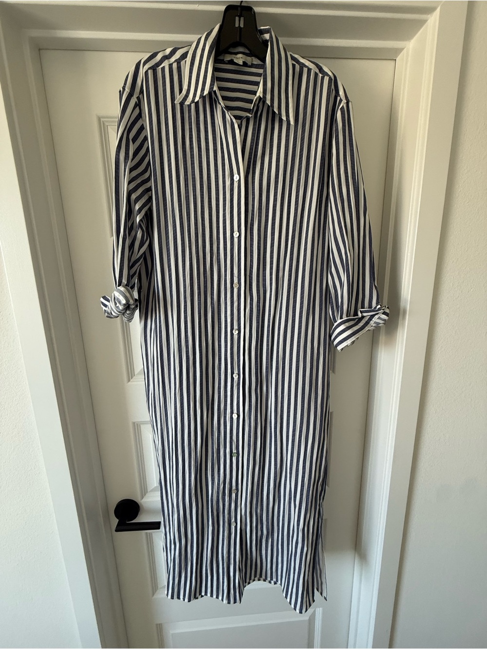 Vince Navy Blue White Vertical Striped Coastal Midi Buttondown Shirt Dress Small